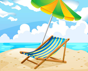 海洋场景与座位和伞在海滩上
