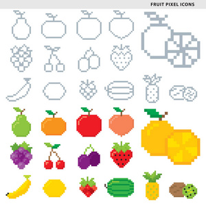 集十五个水果像素的单色和多彩的风格图标