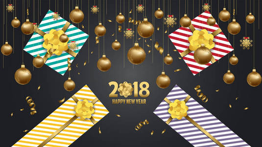 黄金礼品蝴蝶结矢量 2018年快乐新年背景