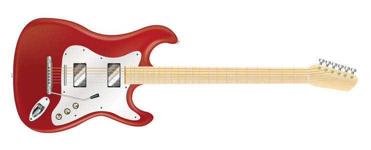 在白色背景上的真正红色电吉他。