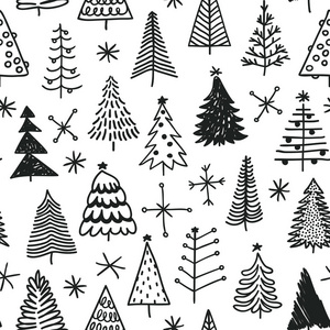 手工绘制的圣诞树无缝模式。抽象画冬天木头。矢量艺术假期插图