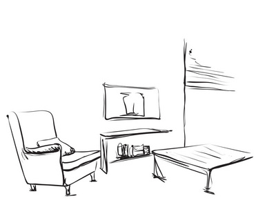 手画的房间内部草绘。椅，桌。