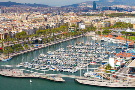 在巴塞罗那，西班牙的港口区鸟瞰图