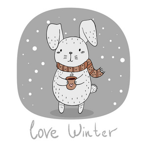 爱冬天卡与兔子和杯