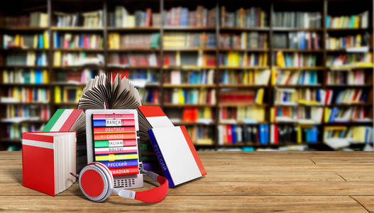 在图书馆 3d 渲染 s 学习语言和书籍的电子书音频照片