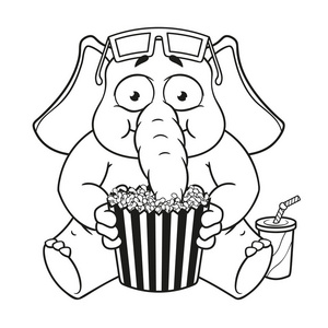 大集合矢量卡通人物的大象在孤立的背景上。在吃爆米花的 3d 眼镜观看的电影