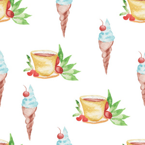 水彩图案冰淇淋和咖啡在白色背景上的无缝设计