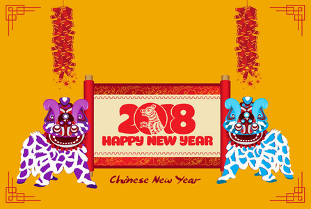 中国新年爆竹和滚动横幅舞狮图片