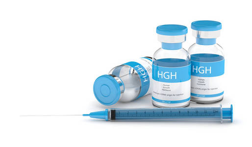 Hgh 瓶及带白色的注射器的 3d 渲染