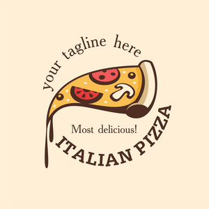 矢量标志。意大利的比萨饼。一片热披萨蘑菇 香肠 西红柿和奶酪。最美味的披萨