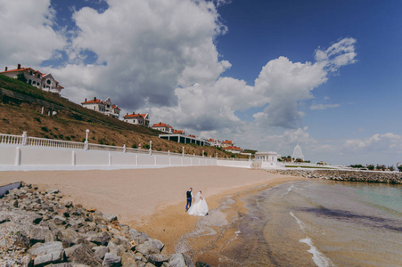 新婚夫妇步行新娘和新郎海场日落在体系结构上的草沙