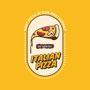 矢量标志。意大利的比萨饼。一片热披萨蘑菇 香肠 西红柿和奶酪