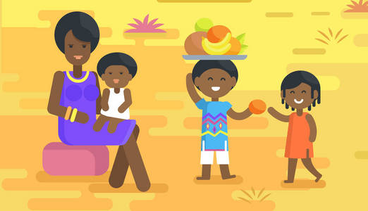 非洲的女人抱着婴儿和儿童用水果