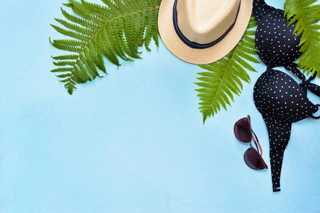 女性夏天比基尼泳装和配件拼贴上蓝与棕树枝，帽子和太阳镜
