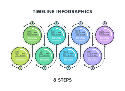 现代的 8 个步骤时间线图表模板。线性的平面样式