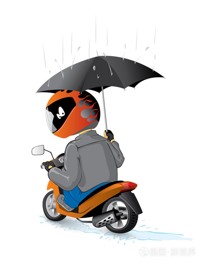 骑摩托车的人带着雨伞