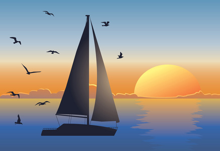 日落海景与帆船