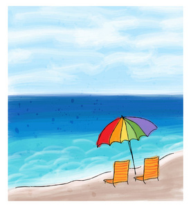 伞和椅子在海边与海