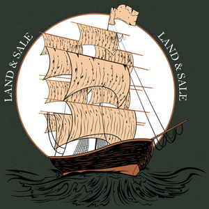 老式复古航海旅行者号帆船标签设计照片