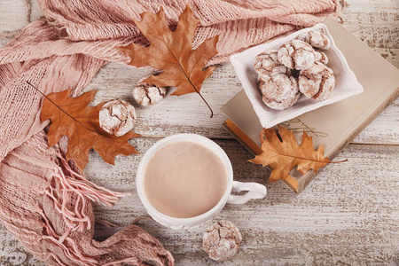 秋季静物与杯可可和巧克力饼干