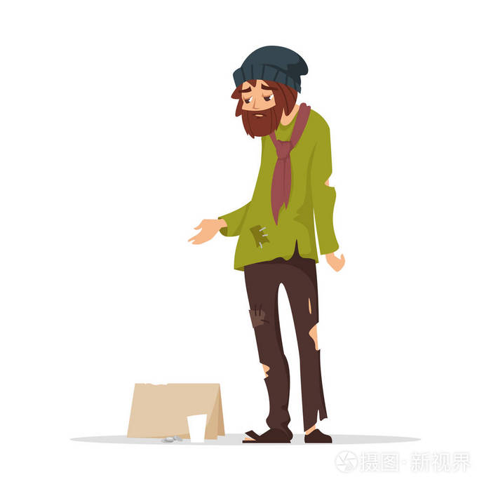 可怜的人,身穿破烂衣服,讨钱