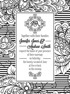 婚礼上，新娘的婚姻与黑色和白色的花边设计复古精致正式邀请卡