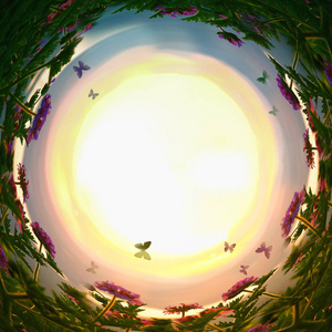 神奇的童话花朵和蝴蝶在夕阳光抽象旋涡的背景