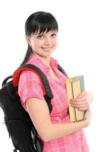 年轻女子与书和背包