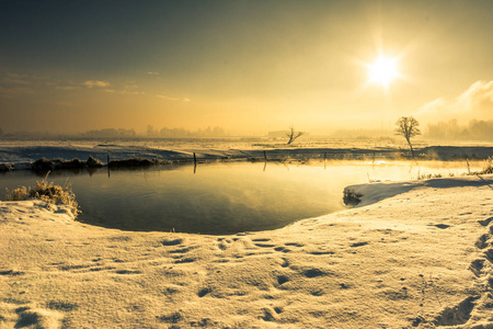 冬季河流景观，喜怒无常风光与早晨阳光反射在水中