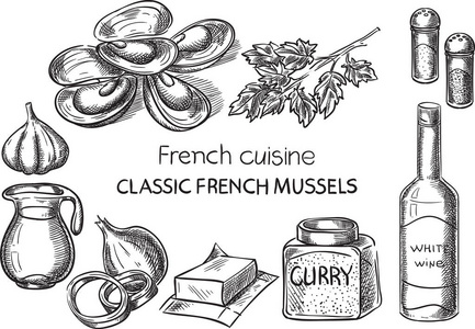 法国菜。创意概念向量。素描手绘法国食品食谱插画 雕刻 油墨 线 矢量