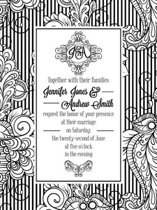 婚礼上，新娘的婚姻与黑色和白色的花边设计复古精致正式邀请卡