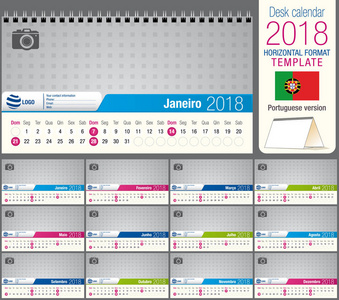 实用的办公桌三角 2018年日历模板，准备打印。大小 22 厘米 x 12 厘米。 格式水平。葡萄牙的版本
