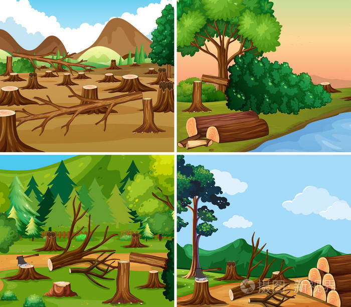 四个不同场景的森林砍伐插画