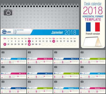 实用的办公桌三角 2018年日历模板，准备打印。大小 22 厘米 x 12 厘米。 格式水平。法语版