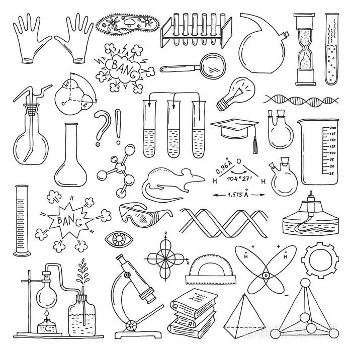 插画 科学符号的黑色剪影.化学和生物学的艺术.教育矢量元素集.eps