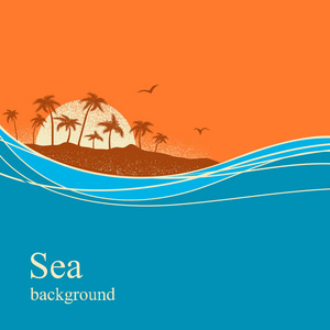 海浪和热带岛屿。矢量背景