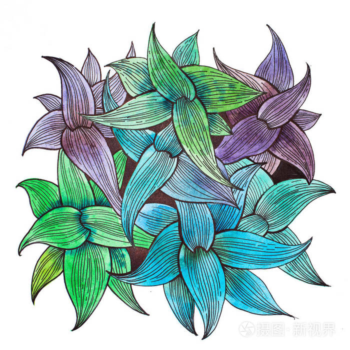 花束的叶子涂上相关柔和的绿色蓝色和紫色的颜色顶视图的手绘用水彩的