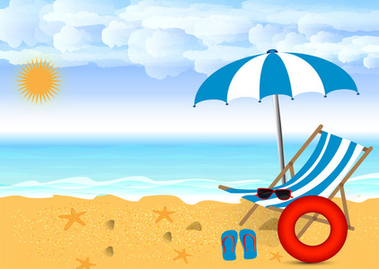 夏季海滩设计在海边沙滩伞和椅子