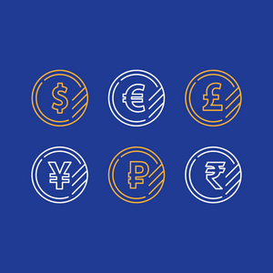 美元硬币，欧元符号，磅线图标，日元汇率，卢布符号