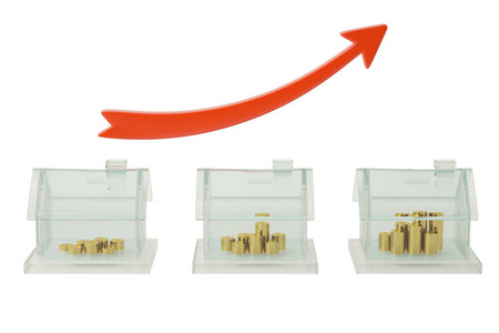 玻璃房子形状的小猪银行和金币. 3 d 插图