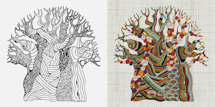 绣花的猴面包树插画-正版商用图片012x72-摄图新视界