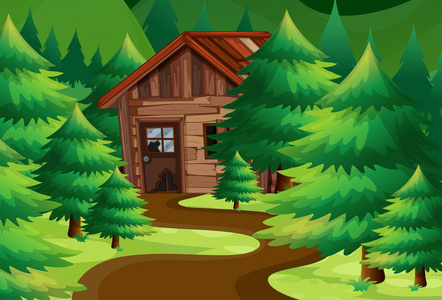 在树林里的旧木制平房热带海滩酒店卡通木树林中的小屋绿色波士顿蕨类