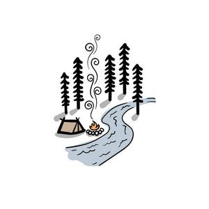在高山，雪霜在一次家庭度假的帐篷。矢量冬天仙境夜背景。多雪的山。冬天的时候