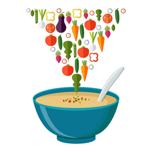 一碗热腾腾的汤，菜孤立图标。蔬菜汤
