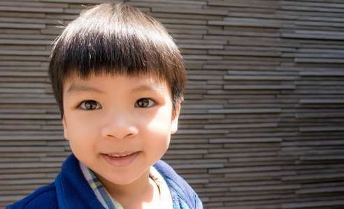 快乐的小亚洲男孩肖像岩墙上