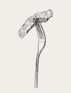 牛肉牛排上叉,素描矢量照片