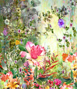 抽象的七彩花朵水彩画。多彩多姿的春天