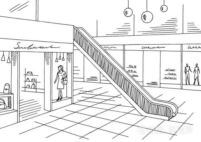 购物商场图形黑色白色内饰素描图矢量插画-正版商用图片014bz7-摄图新