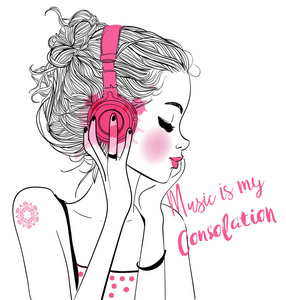 音频配置文件耳机的漂亮女孩照片