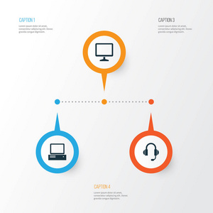 小工具图标设置。桌面 监视器 耳机和其他元素的集合。此外包括耳机 屏幕 电脑等符号
